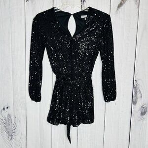 Midnight Doll Black Full Sequin Shorts Romper Tie Waist Sz XS Long Sleeve